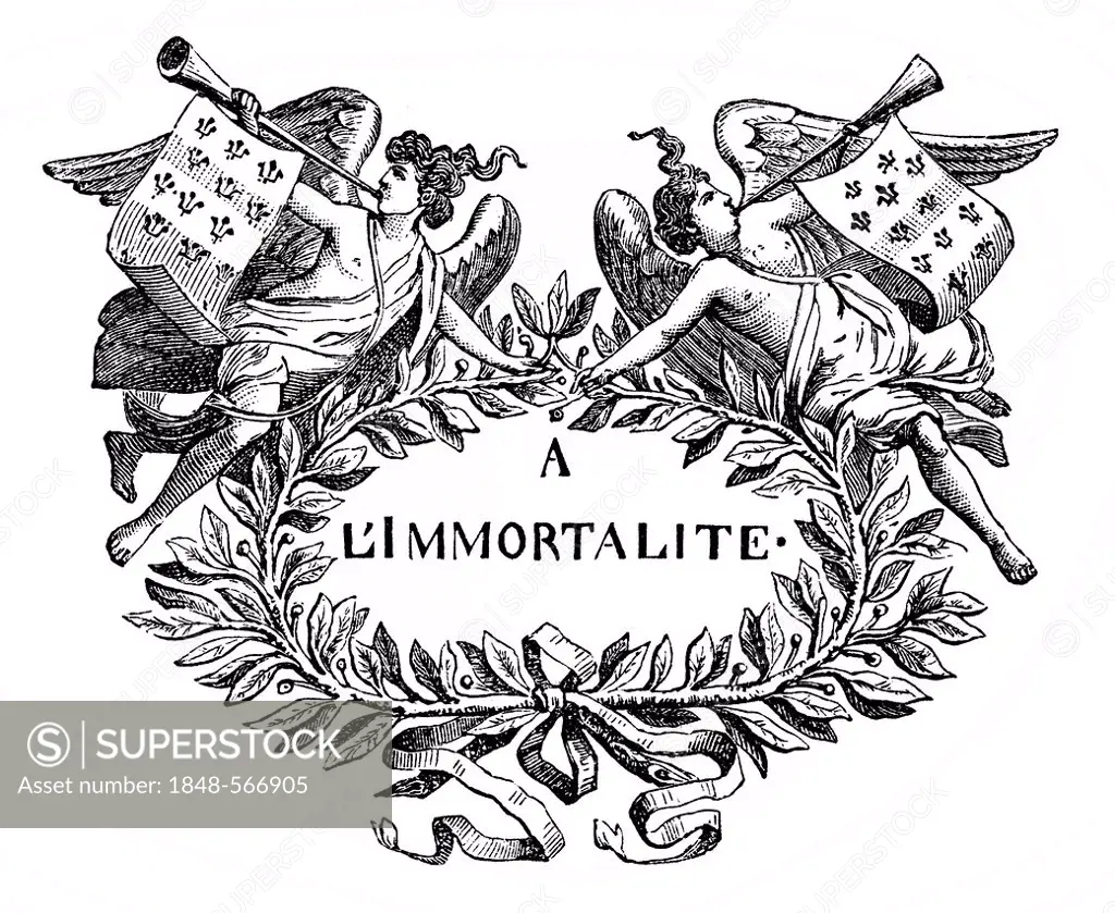 Historical print from the 19th century, À l'immortalité or To Immortality, the motto of the French academic society Académie française, or French Acad...