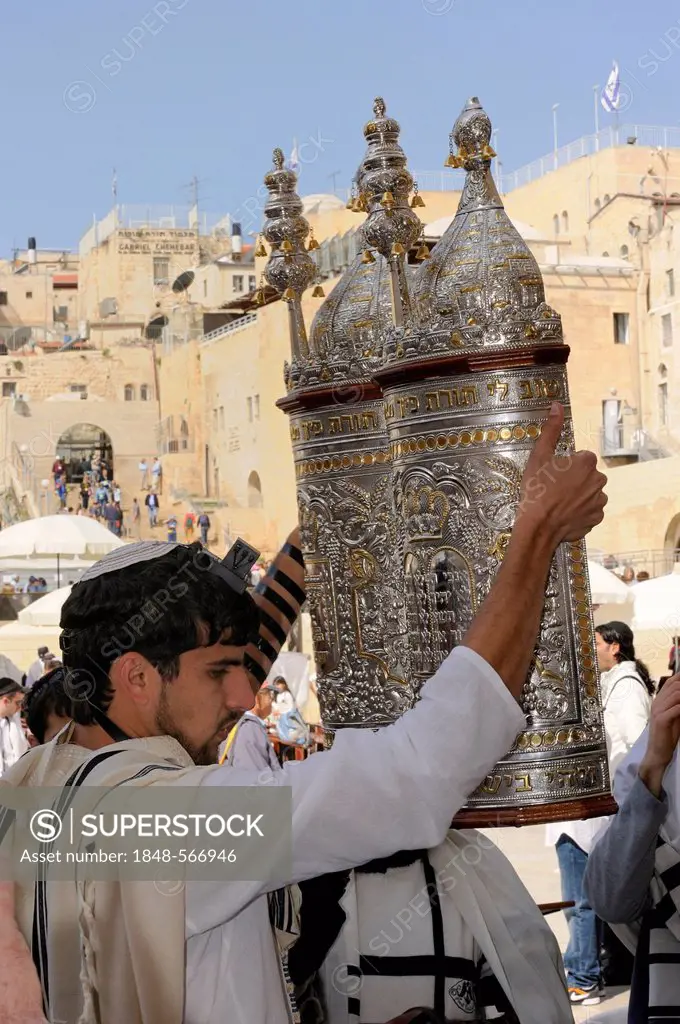 Torah being lifted in all cardinal directions during the Bar Mitzwa ceremony, Jewish quarter of the historic centre in the back, Arab quarter, Jerusal...