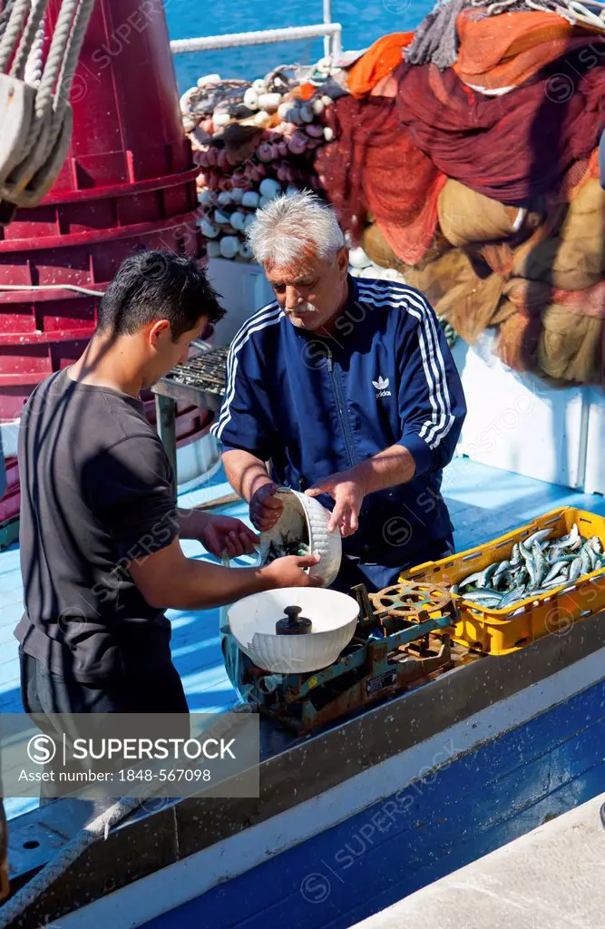Fishermen selling fresh fish directly from a boat, Makarska, Central Dalmatia, Dalmatia, Adriatic coast, Croatia, Europe, PublicGround