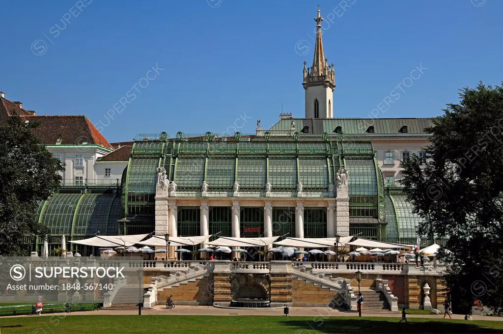 Palmenhaus building, palm house, built in art nouveau style in 1901, today a cafe and brasserie, Burggarten street 1, Vienna, Austria, Europe
