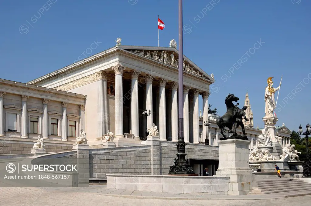 Austrian Parliament building, built 1861, sculpture at Pallas Athene at front, Dr.-Karl-Renner-Ring, Vienna, Austria, Europe