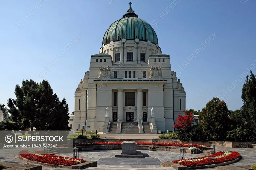 Karl-Borromaeus-Kirche church, presidential tomb at front, Art Nouveau, 1908, Zentralfriedhof, Central Cemetery, Gate 2, Simmeringer Hauptstrasse, Vie...