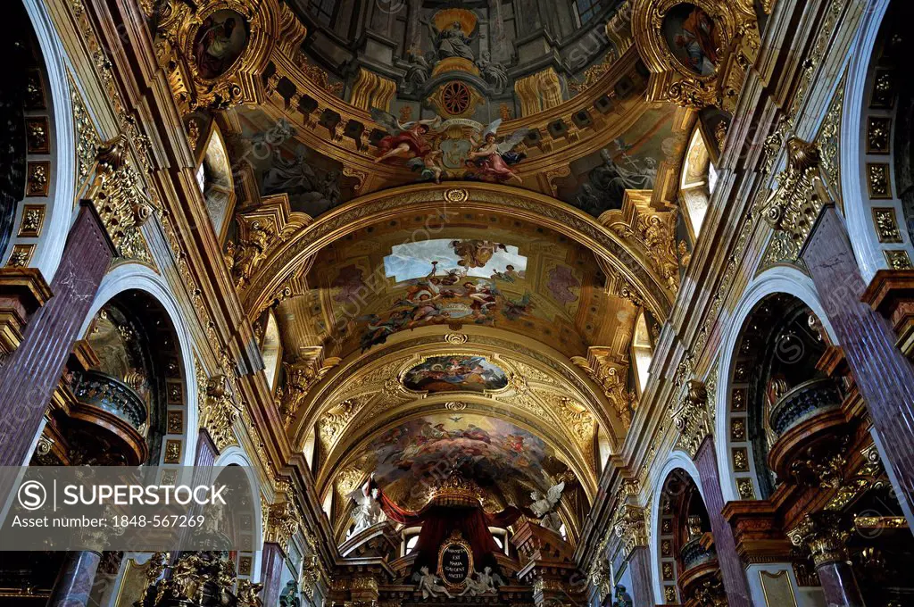 Arched ceiling, ceiling painting, 1703, by Andrea Pozzo, creating a perspective optical illusion, Jesuitenkirche church, Doktor-Ignaz-Seipel-Platz squ...