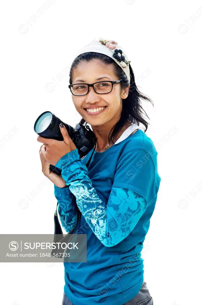 Thai woman with a Nikon DSLR camera, Thailand, Asia