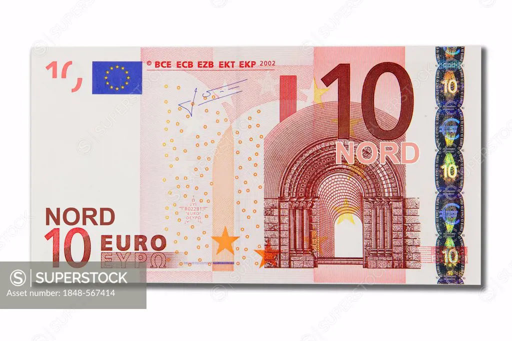 Symbolic icon, disintegration of the euro and the introduction of the new northern euro currency, 10 Nord-Euro