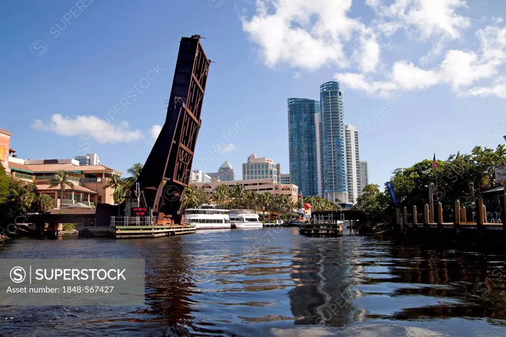 New River with bascule bridge and skyline of Fort Lauderdale, Florida, USA