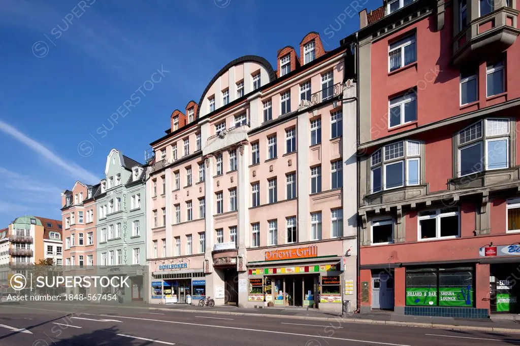 Historic commercial buildings, Bahnhofstrasse, Eisenach, Thuringia, Germany, Europe, PublicGround