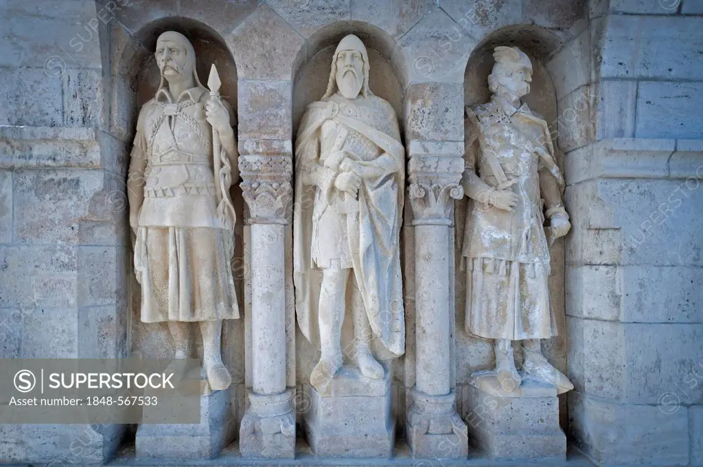 Stone sculptures, knights, Halászbástya, Fisherman's Bastion, castle hill, Budapest, Hungary, Europe