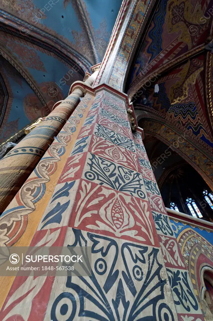 Painted pillar, Matthias Church, castle hill, Budapest, Hungary, Europe