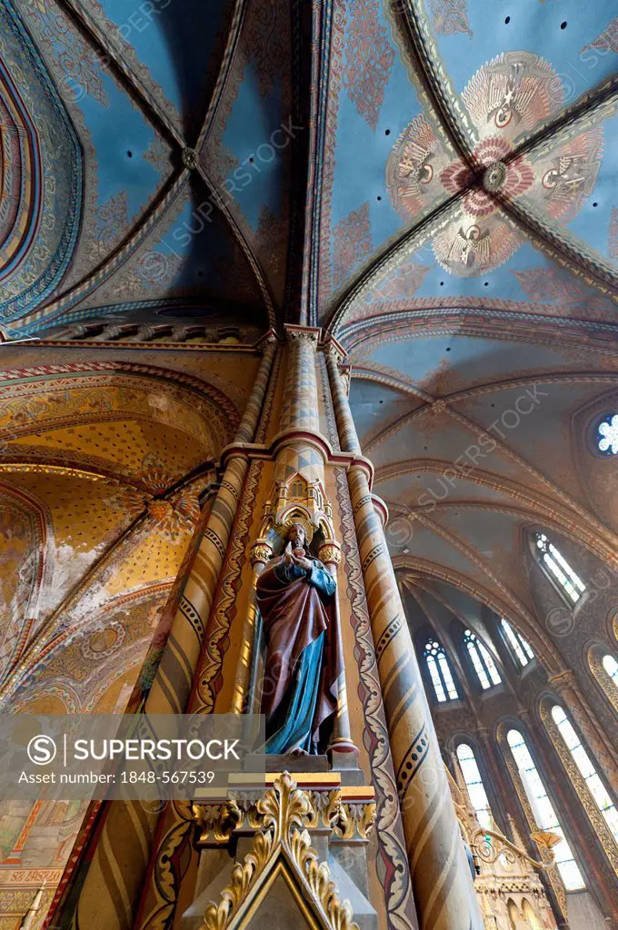 Frescoes, interior view of Matthias Church, castle hill, Budapest, Hungary, Europe