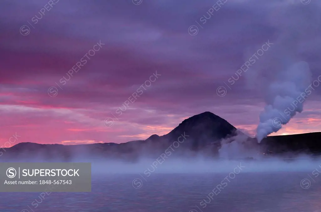 Geothermal plant near Mývatn at sunset, Norðurland eystra, Nordurland, Northeast Iceland, Iceland, Europe