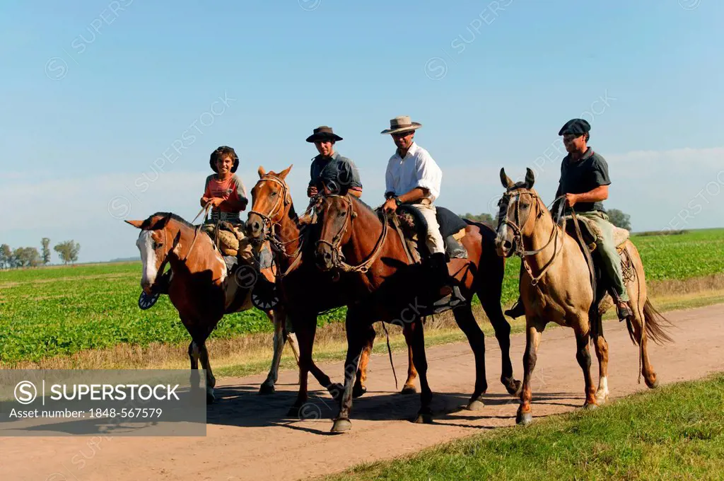Gauchos on horseback, Estancia San Isidro del Llano towards Carmen Casares, Buenos Aires province, Argentina, South America