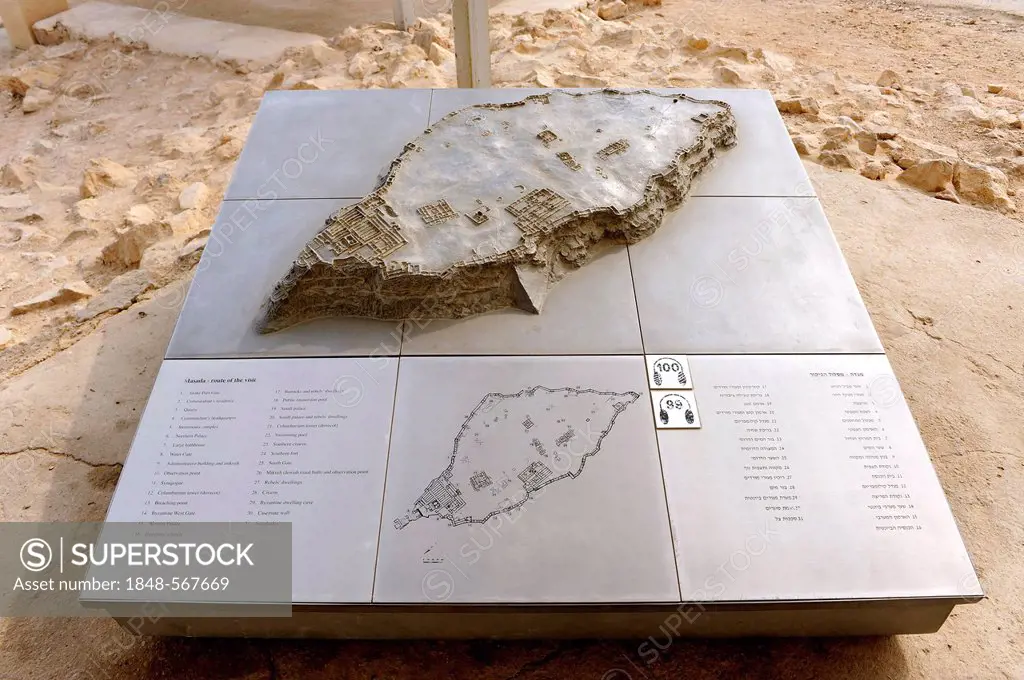 Model and map of the fortress of Masada, Masada National Park, Israel, Middle East, Asia, Asia