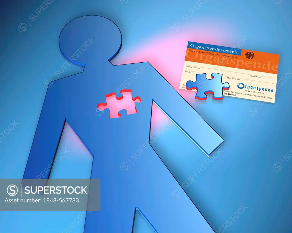 Pictogram image of a man with a puzzle piece taken out of the heart, donor card, illustration, symbolic image for organ donation