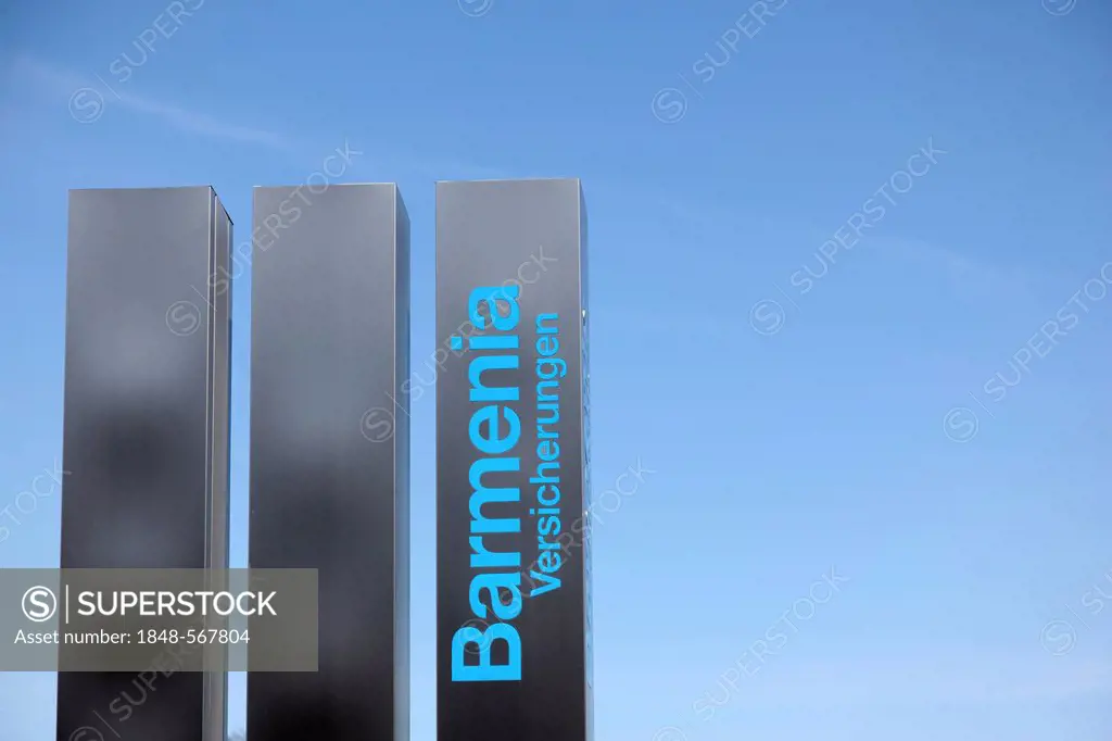 Sculpture with the logo of Barmenia Versicherungen, insurance group, in front of the company's headquarters, Wuppertal, North Rhine-Westphalia, German...