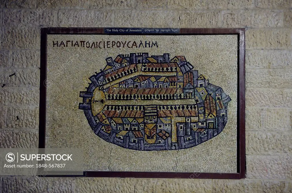 Oldest depiction of Jerusalem on the mosaic map of Madaba, Jewish Quarter, Old City, Jerusalem, Israel, Middle East