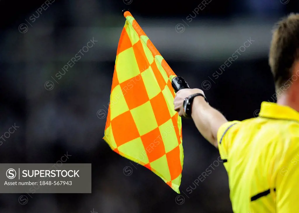 Flag of the assistant referee, football qualification match for the UEFA European championship 2012, Germany - Belgium 3:1, ESPRIT Arena, Duesseldorf,...