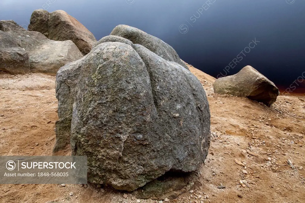 Granite rocks at Talsperre Oderteich reservoir, Harz National Park, Upper Harz, Lower Saxony, Germany, Europe, PublicGround
