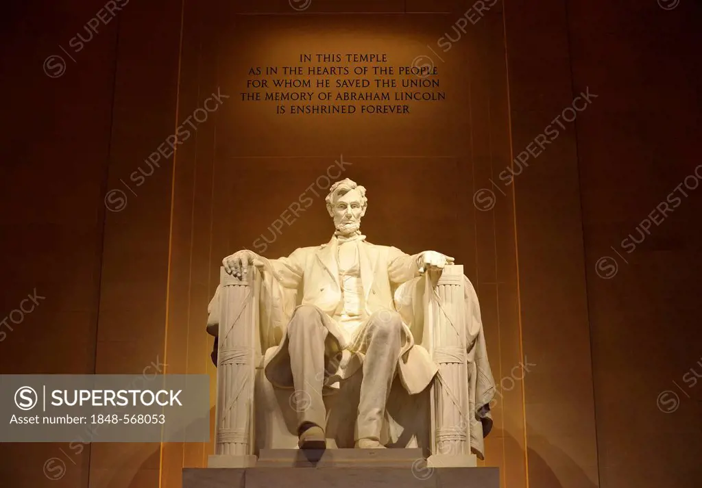 Statue of Abraham Lincoln by Daniel Chester French, inscription, Lincoln Memorial, Washington DC, District of Columbia, USA, PublicGround