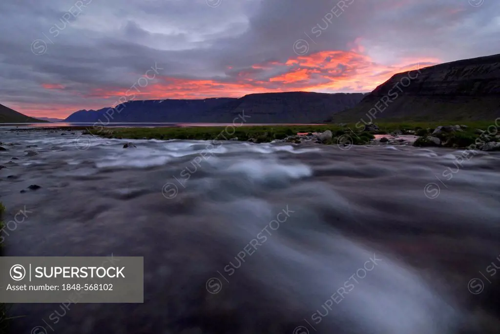 Dynjandi or Fjallfoss, midnight sun, West Fjords, Northwest Iceland, Iceland, Europe