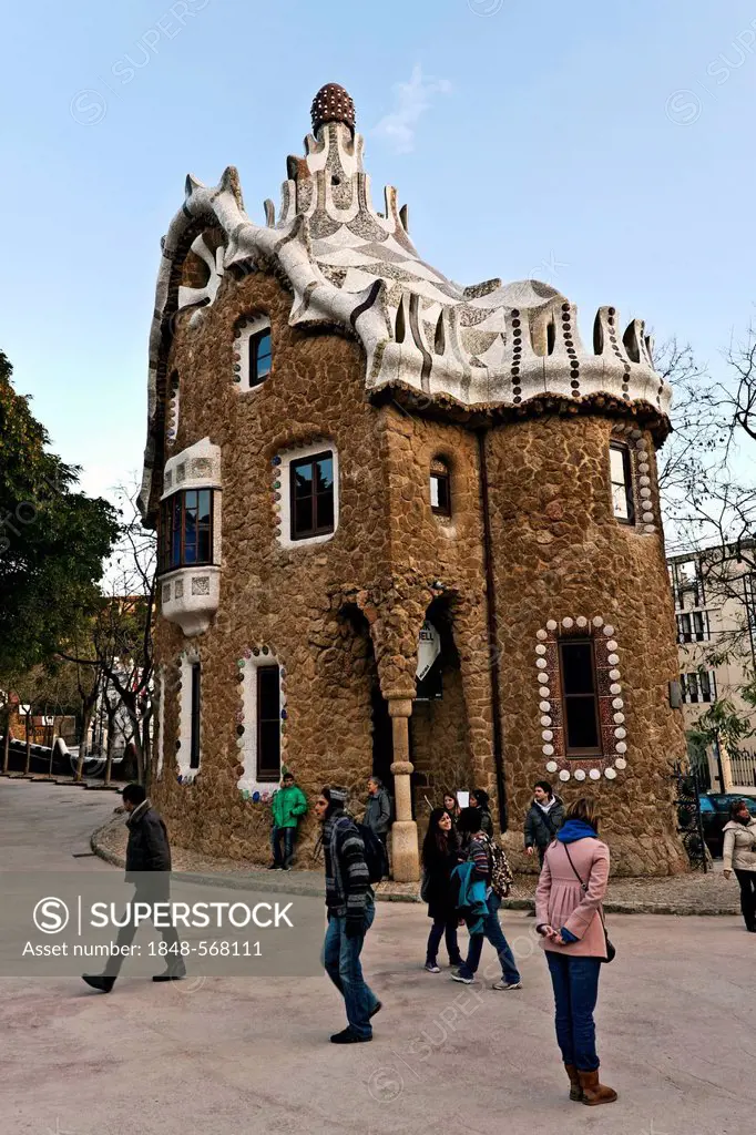 Pavilion at the entrance of Parc Guell, Gaudi architecture, UNESCO World Heritage Site, Barcelona, Catalunya, Catalonia, or Cataluna, Spain, Europe