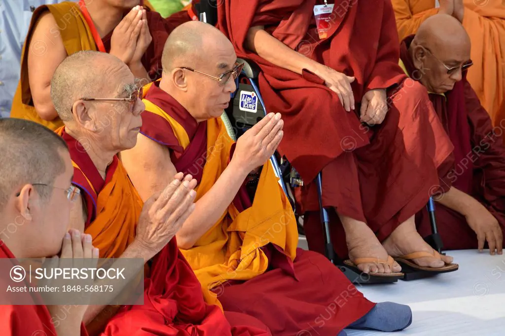 Buddhism, the Dalai Lama in a communal prayer with dignitaries, eg Karamapa, from all Buddhist branches and schools, gathering for meditation in Gandh...