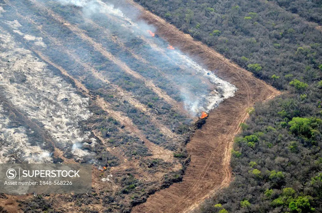 Aerial view, illegal fire clearing, trunks, branches and twigs of a cleared forest are burned on the future soybean fields in the Gran Chaco, Salta, A...