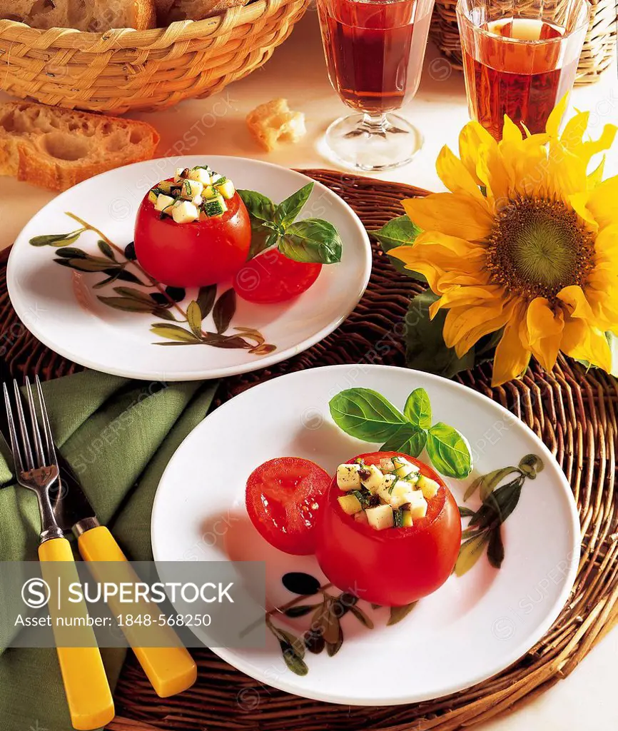 Tomatoes with a mozzarella and vegetable filling, cold starter, Italy