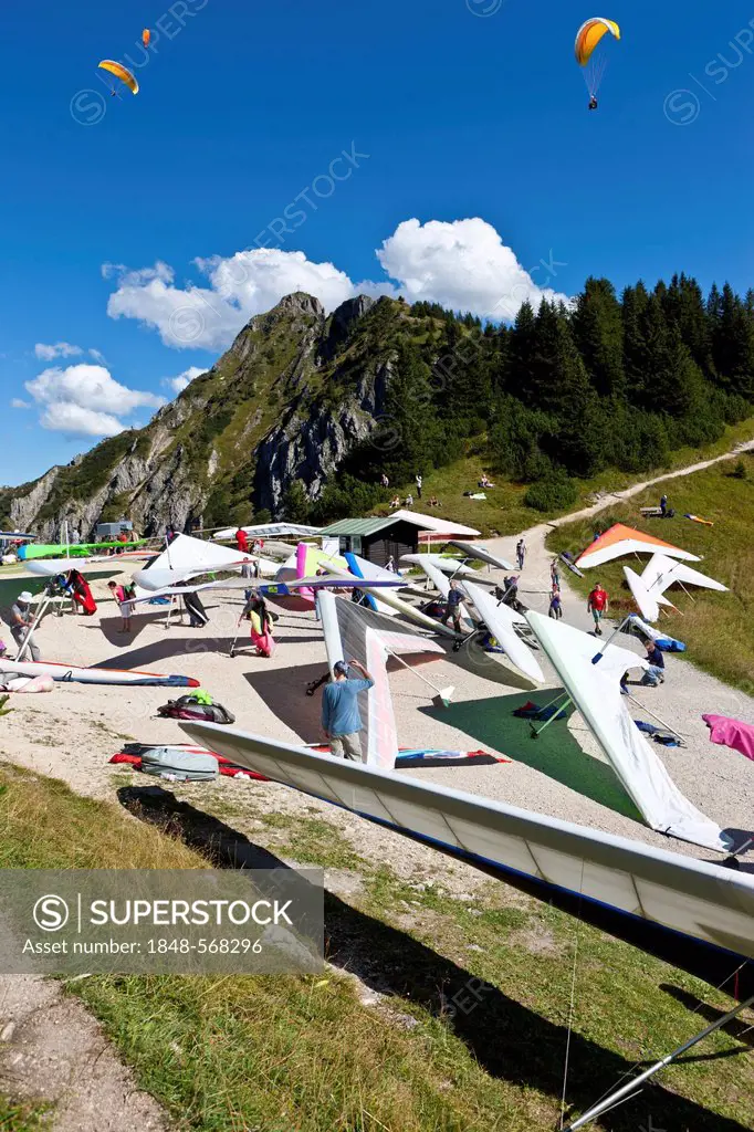 Launching site for hang gliders, paragliders, Mt Tegelberg, Upper Bavaria, Bavaria, Germany, Europe, PublicGround
