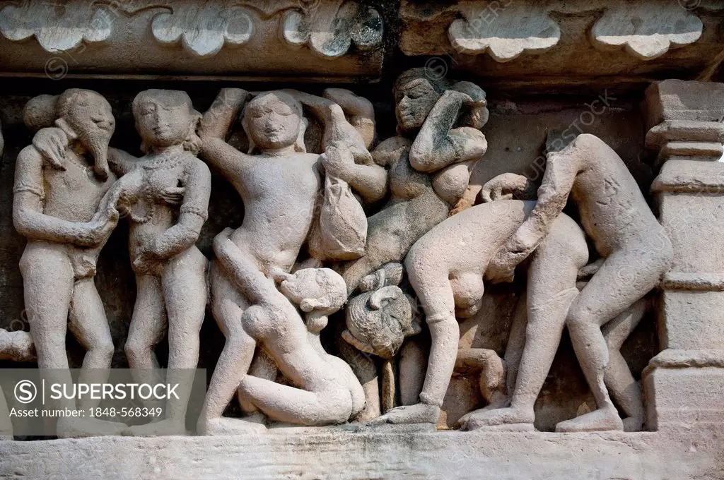Erotic representation, sculptural frieze, Khajuraho Group of Monuments, UNESCO World Heritage Site, Madhya Pradesh, India, Asia