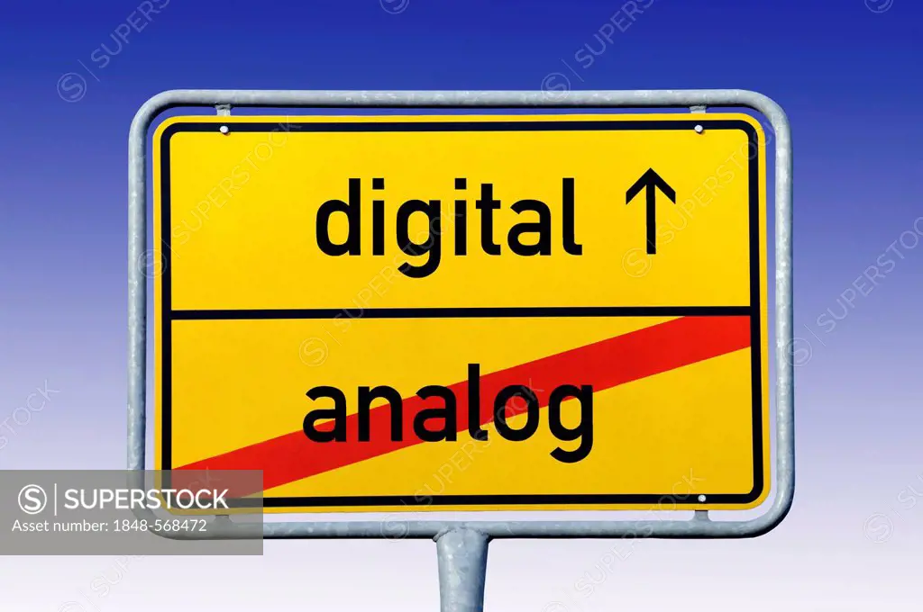 City limits sign, leaving analog, entering digital, symbolic image for leaving analog and heading towards digital
