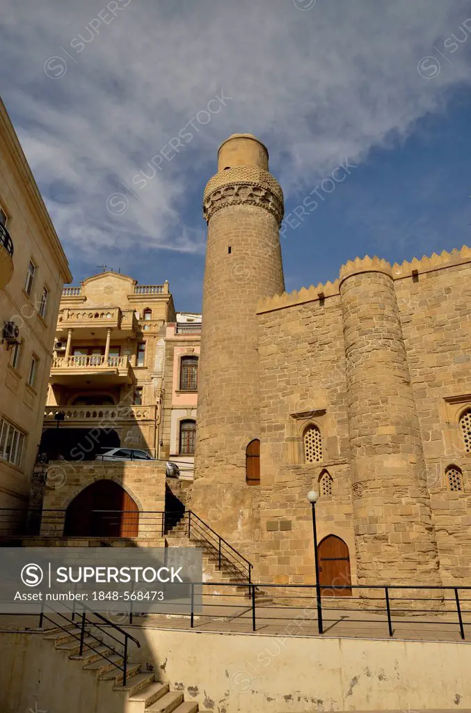 Minaret of the Mosque of Muhammad in the historic town centre of Baku, UNESCO World Heritage Site, Azerbaijan, Caucasus, Middle East, Asia