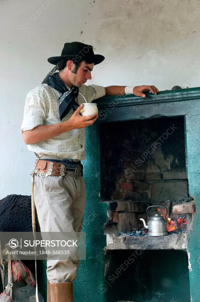Gaucho drinking mate tea, Estancia San Isidro del Llano towards Carmen Casares, Buenos Aires province, Argentina, South America