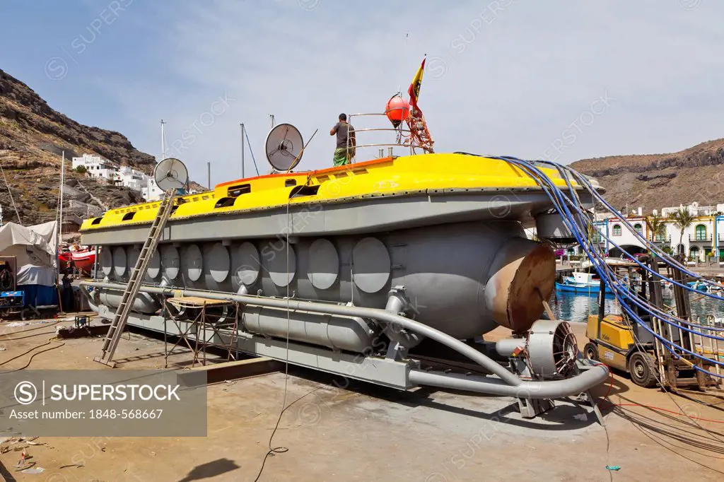 Submarine for tourists in the dry dock, Puerto de Mogan, Gran Canaria, Canary Islands, Spain, Europe, PublicGround