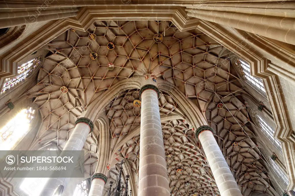 Gothic church, Holy Cross minster or minster of the Holy Cross, vaulted ceiling in the ambulatory, Schwaebisch Gmuend, Baden-Wuerttemberg, Germany, Eu...