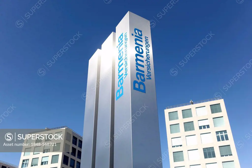 Sculpture with the logo of Barmenia Versicherungen, insurance group, in front of the company's headquarters, Wuppertal, North Rhine-Westphalia, German...