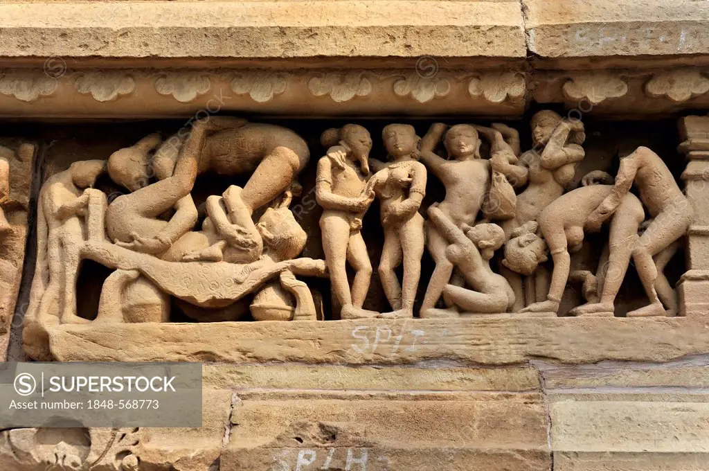 Erotic sculptures, Khajuraho, UNESCO World Heritage Site, Madhya Pradesh, India, Asia