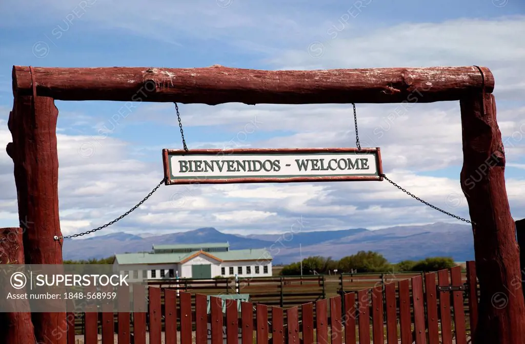 Sporting ground with bienvenidos, welcome sign in El Calafate, Santa Cruz Province, Patagonia, Argentina, South America