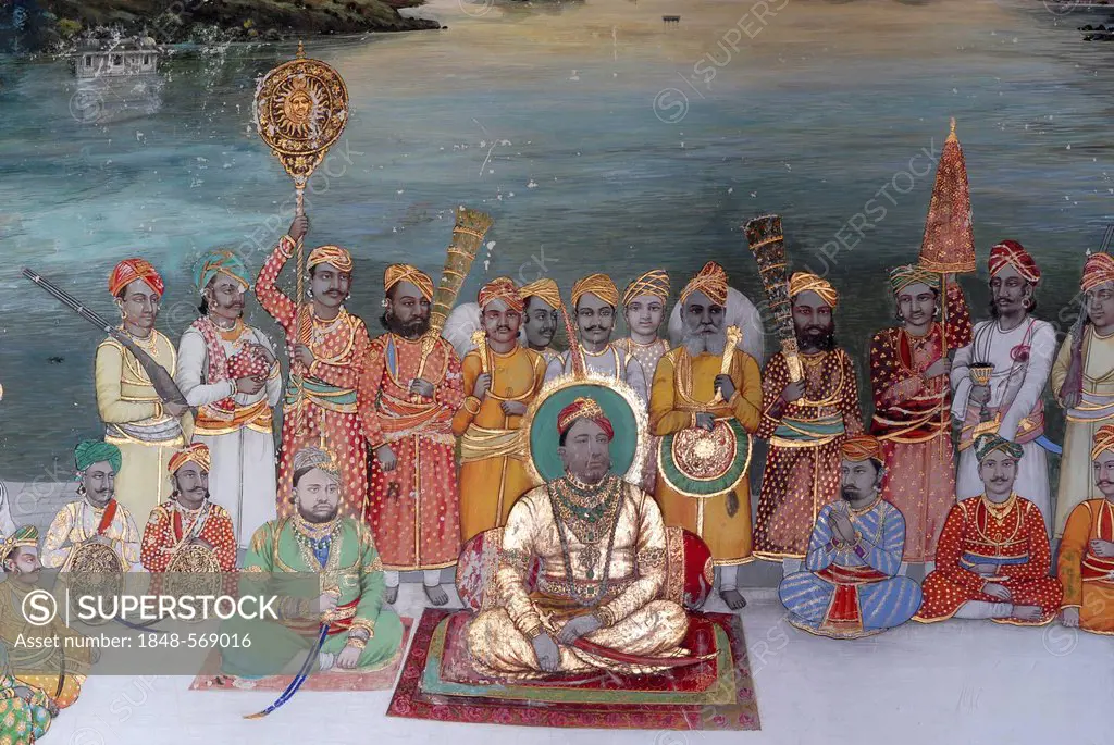 Painting, the Maharaja of Dungarpur and his entourage at an audience, Juna Mahal, Old Palace, Dungarpur, Rajasthan, India, Asia