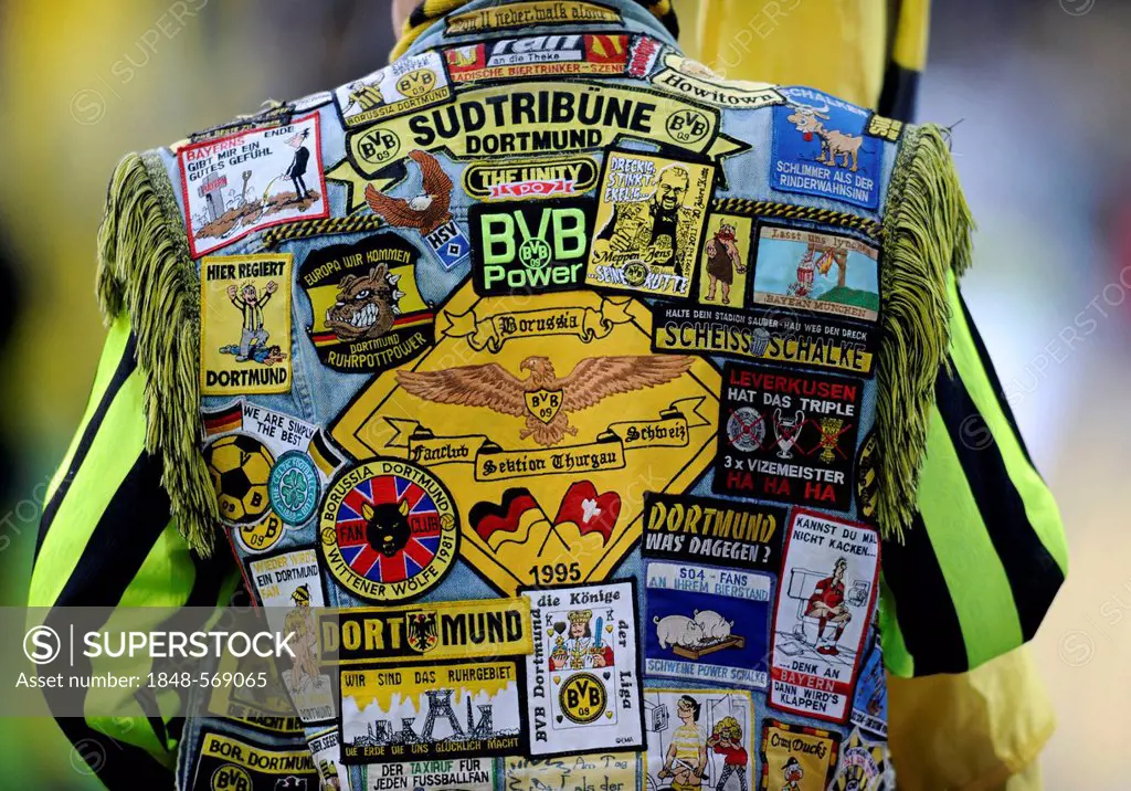 Vest of a BVB fan patched with badges, Bundesliga, German federal league, Borussia Dortmund - FC Schalke 04 2:0, Signal Iduna Park, Dortmund, North Rh...