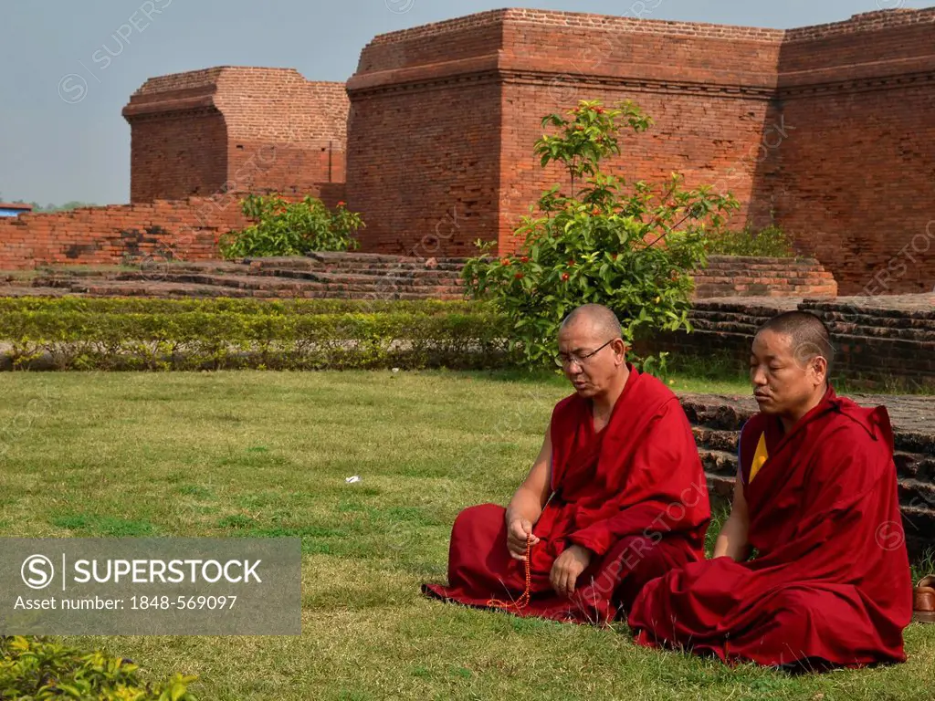 Buddhism, Tibetan monks in red robes in meditation and prayer during the pilgrimage at the archaeological site of the ancient university of Nalanda, G...