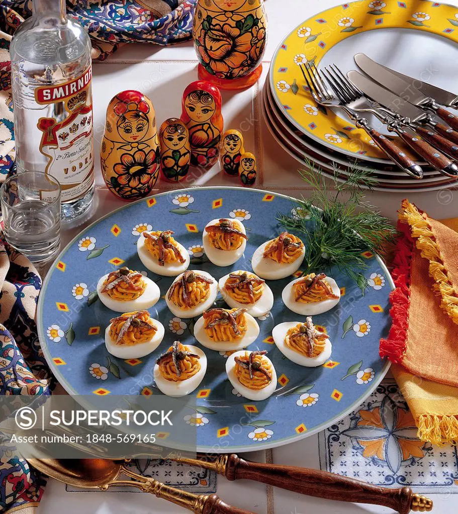 Russian eggs, with spicy mayonnaise filling, garnished with anchovies, cold starter, Russia