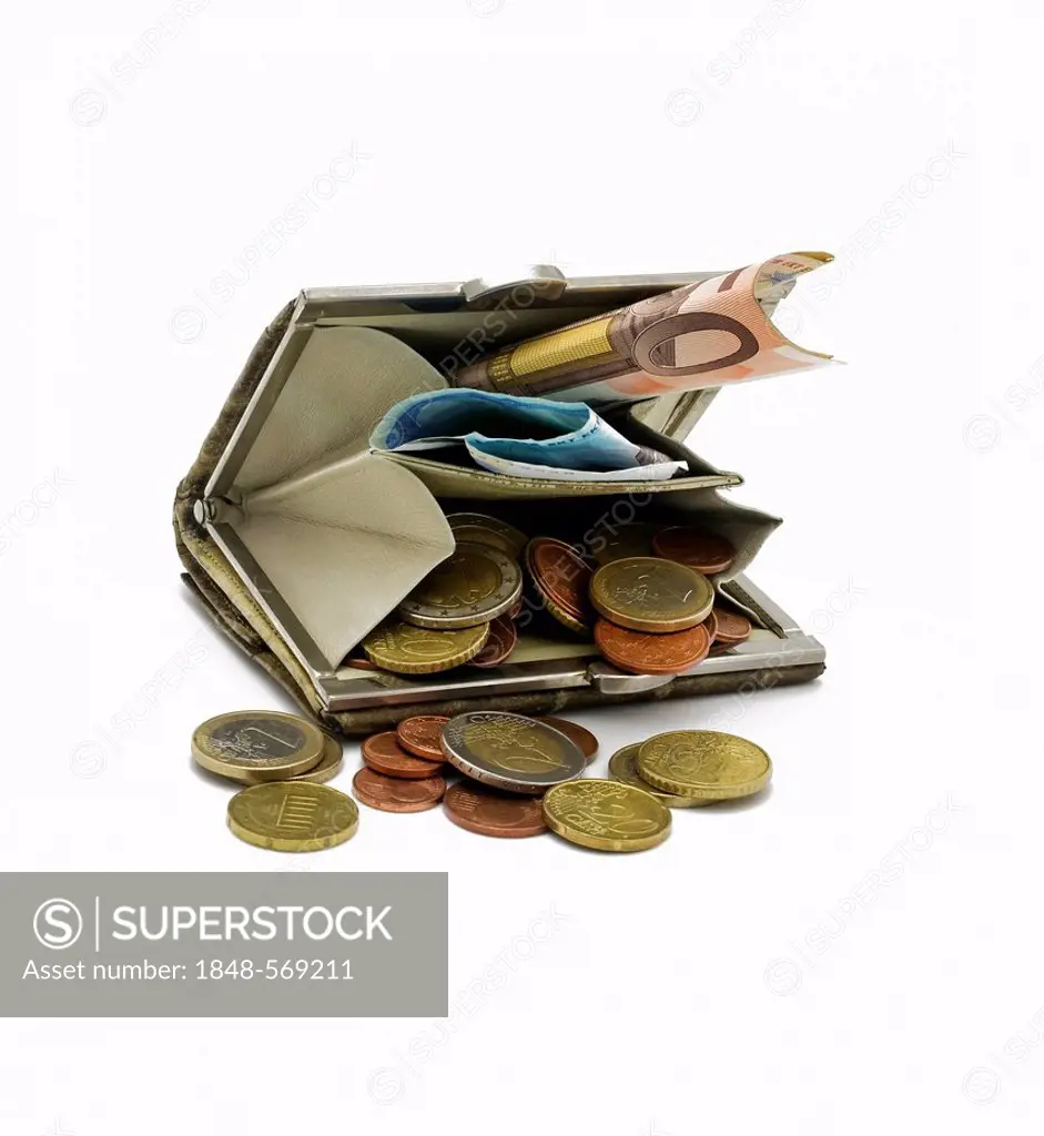 Open clip wallet filled with euro coins and bills