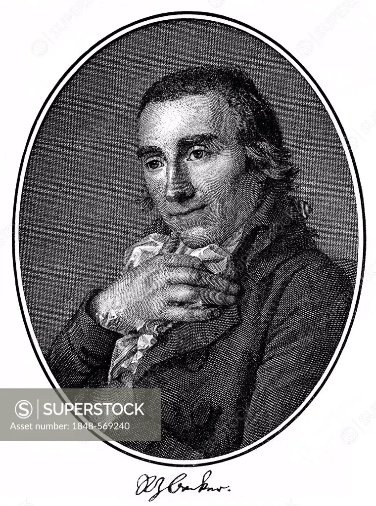 Historical print, engraving, 1799, portrait of Rudoph Zacharias Becker, 1752-1822, German folk writer, teacher, journalist and book publisher of the E...