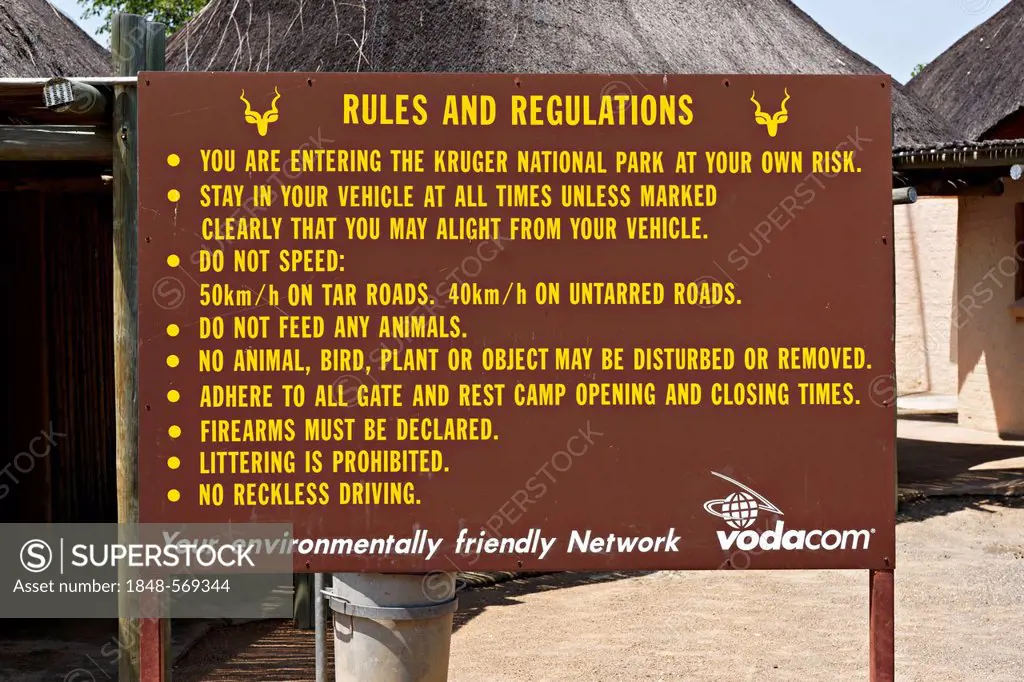 Kruger Park rules and regulations notice board, Kruger National Park, South Africa
