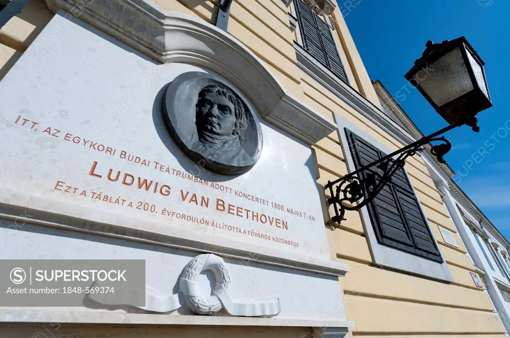 Commemorative plaque for a concert by Ludwig van Beethoven in 1800, Budapest, Hungary, Europe