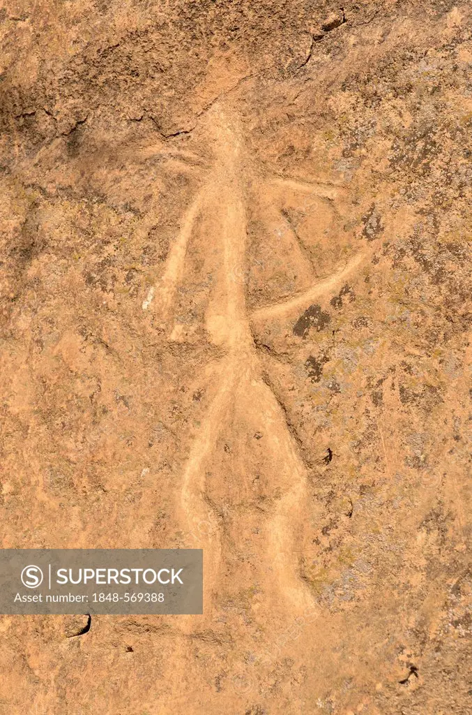 Stone Age rock carving of a hunter in the UNESCO World Heritage site of Gobustan with about 6, 000 rock carvings up to 40, 000 years, near the distric...