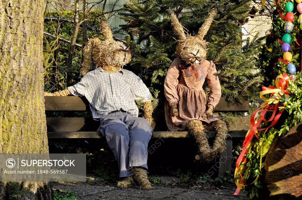 Life-size straw dolls, Easter bunnies dressed as a man and a woman, Oberneuching, Ottenhofen near Erding, Upper Bavaria, Bavaria, Germany, Europe, Pub...