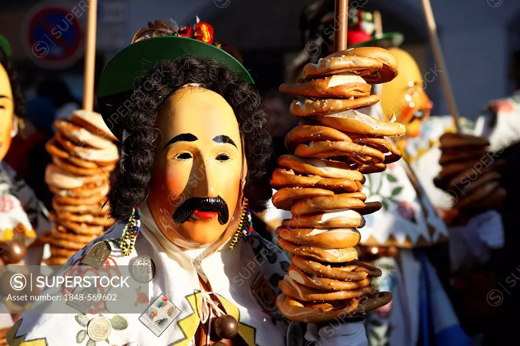 Traditional carnival figure with pretzels on a rod, fool's jump in Oberndorf am Neckar, carnival in Oberndorf, Swabian-Alemannic carnival, Baden-Wuert...