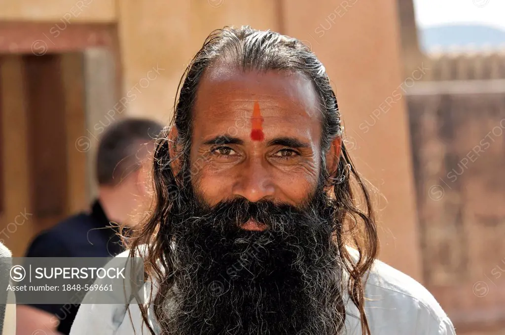 Indian man, portrait, Amber Fort, Amber near Jaipur, Rajasthan, North India, South Asia, Asia